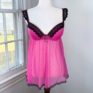 Seductivewear by Cinema Etoile Pink Hearts Babydoll Chemise Black Lace Medium